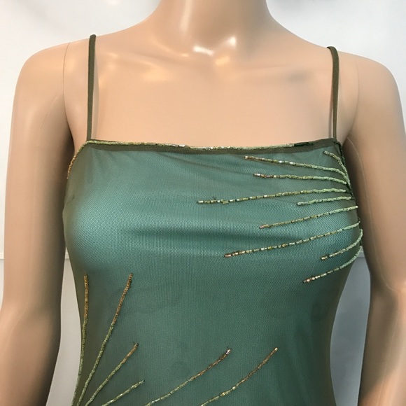 BCBG Long Olive Beaded Prom Dress - Picture 4 of 6